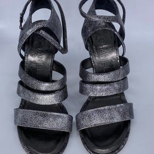 Chanel Metallic Silver Leather Fan Goa Ankle Strap Sandals Size 37
